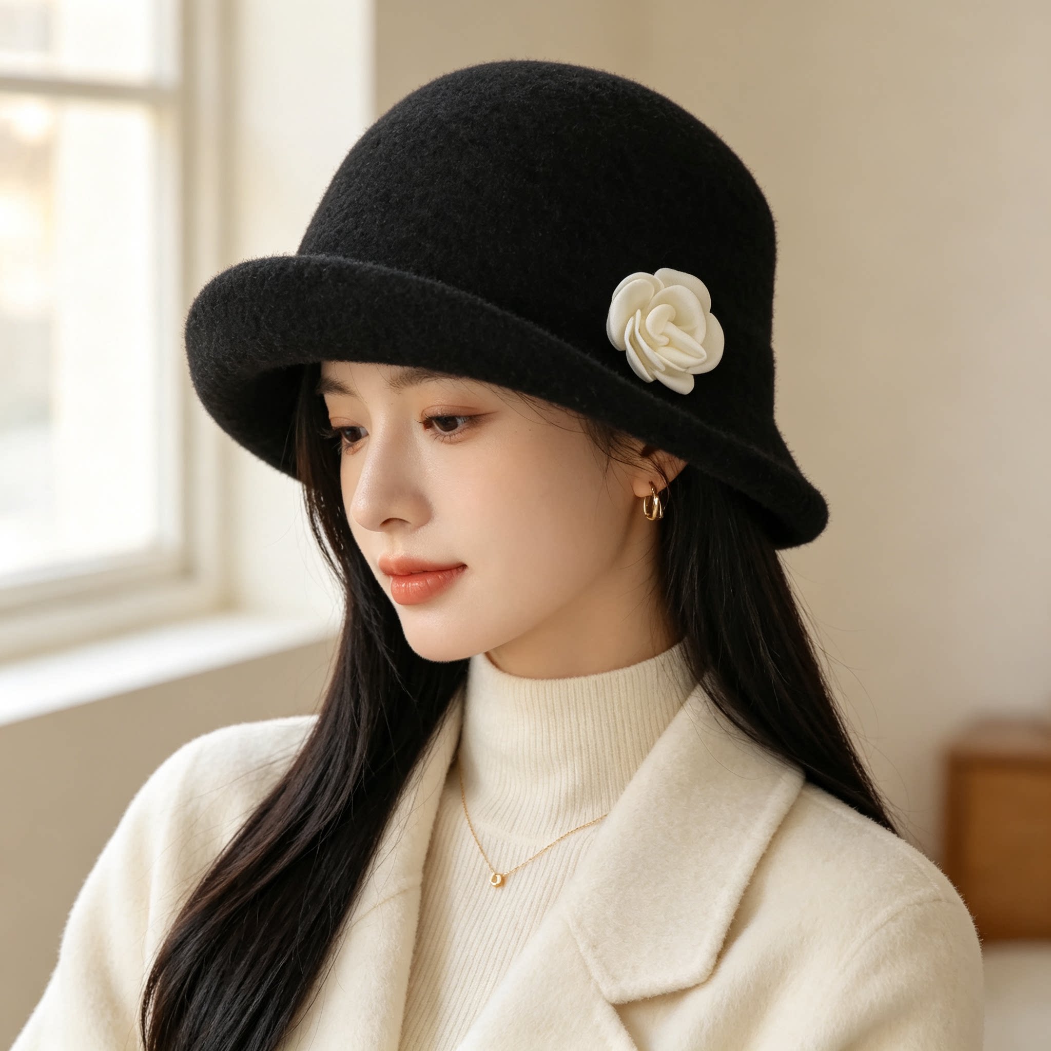 2026新款韩系温柔山茶花帽子女秋冬圆顶盆帽大衣搭配优雅复古礼帽