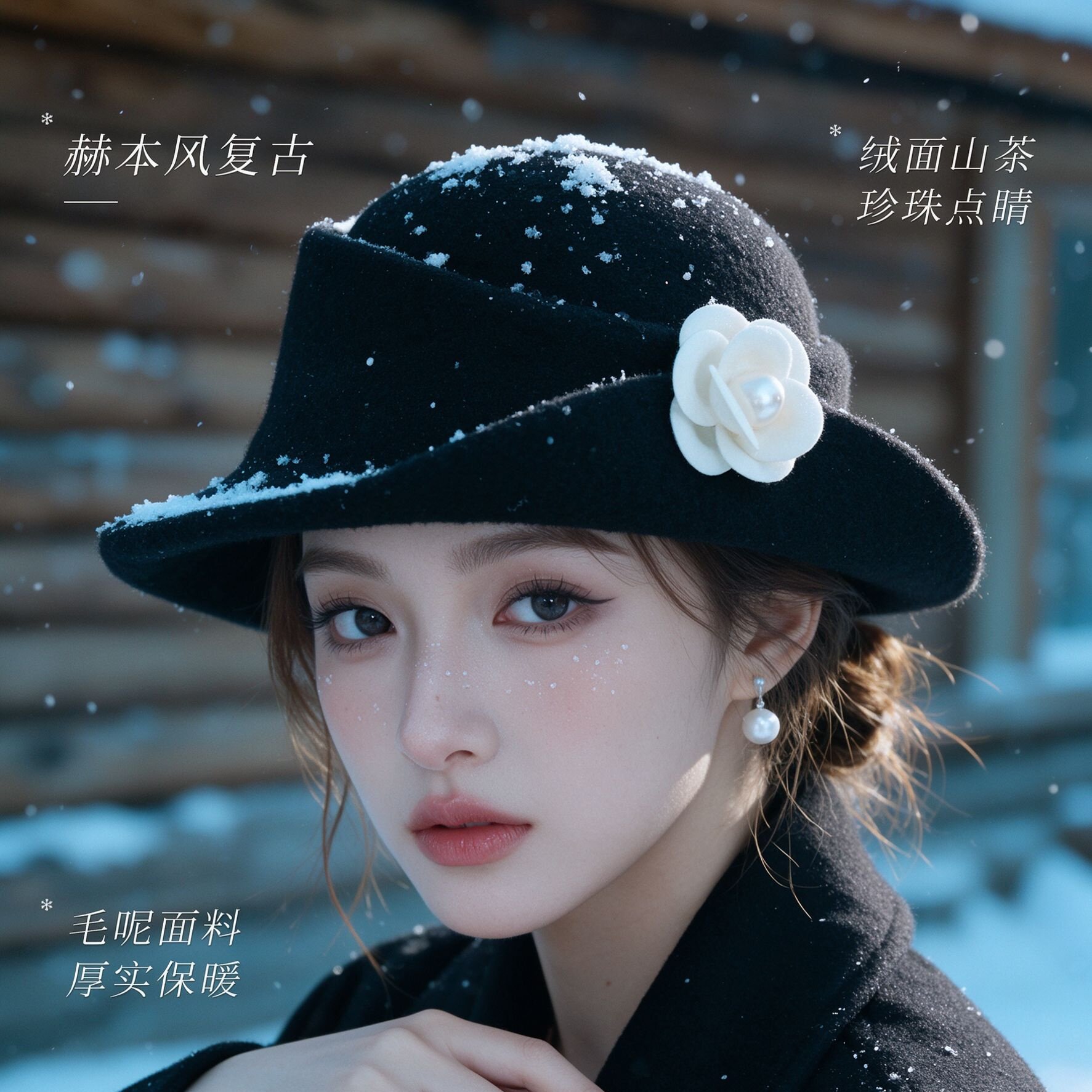 山茶花珍珠毛呢礼帽女法式赫本风复古宽檐帽秋冬保暖搭配大衣帽子