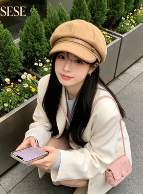 英伦复古黑色花朵标八角帽女毛呢报童帽韩系显脸小通勤百搭画家帽