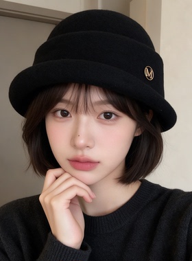 秋冬高级感M字母标羊毛呢礼帽女韩系卷边盆帽气质名媛黑色渔夫帽