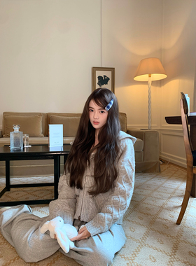 GYOKUU 【温暖壁炉】灰/白色100%纯羊毛绞花连帽宽松毛衣外套