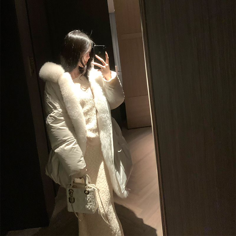 GYOKUU 香槟色鹅绒狐狸毛拼接连帽羽绒外套