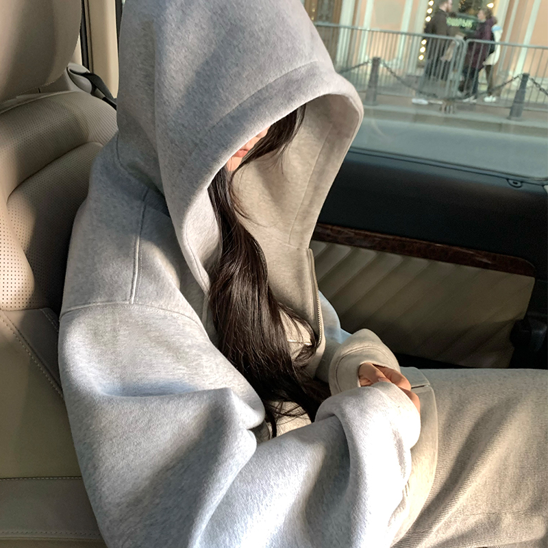 GYOKUU 灰色廓形慵懒厚款保暖连帽卫衣外套