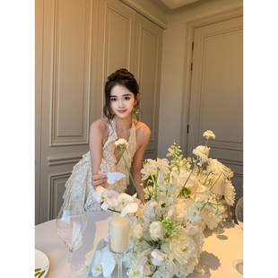 GYOKUU 【塞纳花房】奶白色蕾丝网纱拼接花边连衣裙