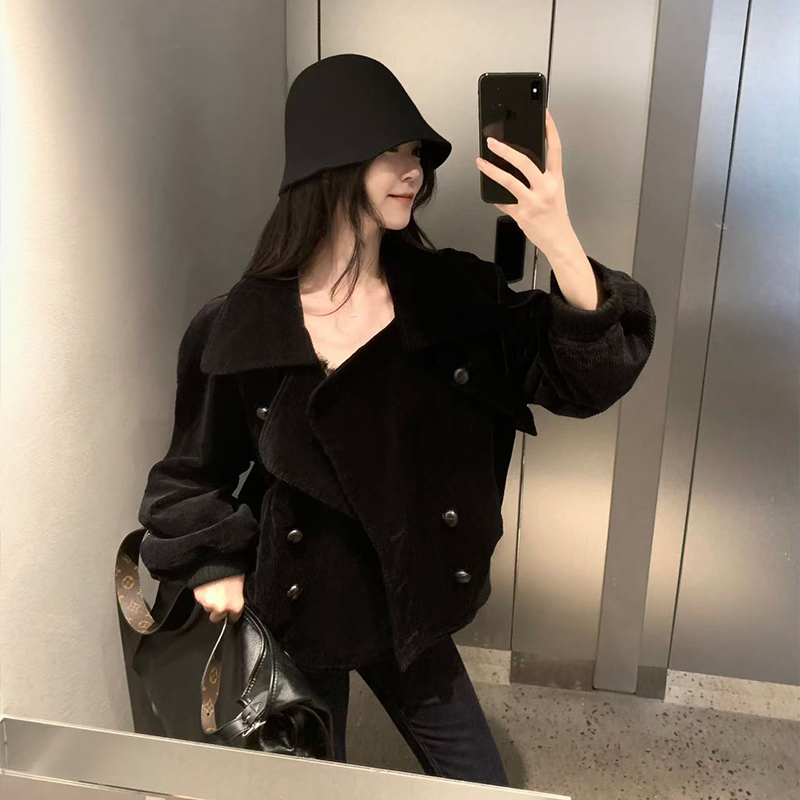 GYOKUU 女明星私服 黑色古早感灯芯绒厚款夹克外套