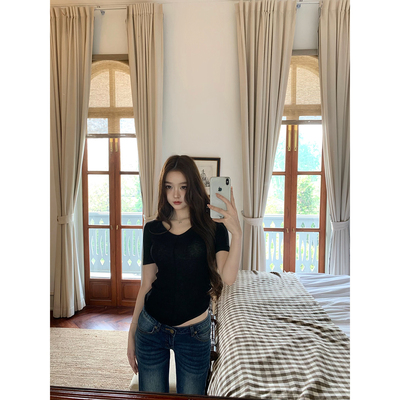 GYOKUU 【超万搭】2026ss 绵羊毛混纺大V领短袖针织上衣