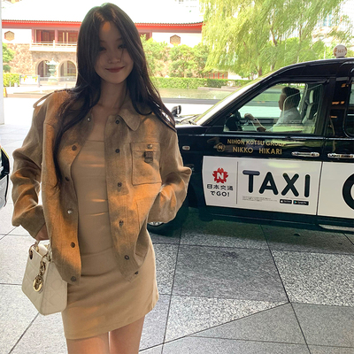 GYOKUU 卡其色bc老钱风亚麻宽肩夹克宽松外套