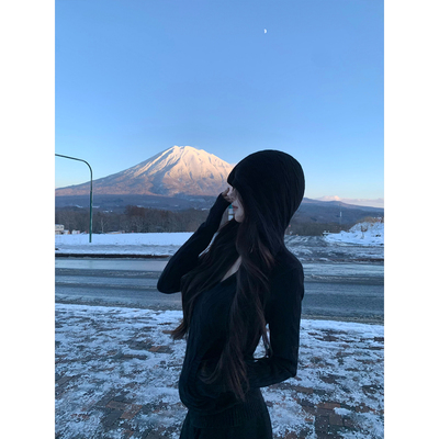 GYOKUU【小蛮腰】黑色连帽麻花纹理针织毛衣