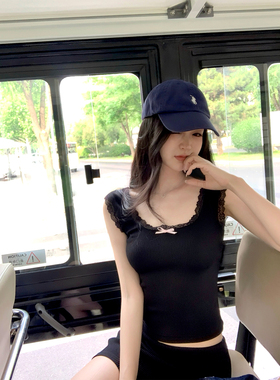 GYOKUU 【妮系穿搭】2025ss 黑色弹力针织蕾丝背心半裙套装