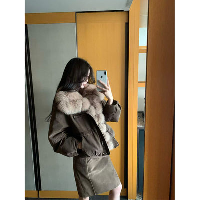 GYOKUU 【采尔马特】2025咖色水洗牛仔可拆卸狐狸毛领羽绒外套