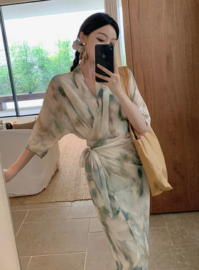 GYOKUU 扎染绿色不规则东方美学度假出游穿搭印花连衣裙