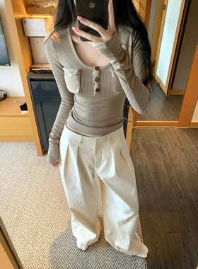 GYOKUU【关键廓形】米卡其低腰阔腿裤