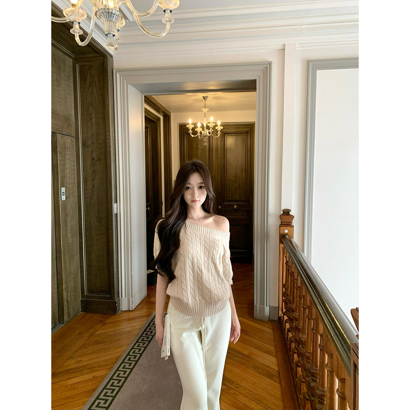 GYOKUU【松茶可可】纯羊毛/亚麻棉混纺一字肩五分袖针织毛衣