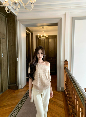 GYOKUU【松茶可可】纯羊毛/亚麻棉混纺一字肩五分袖针织毛衣