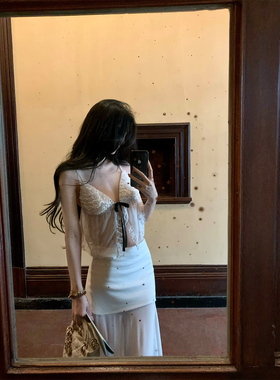 GYOKUU 【山茶花】白色雪纺蕾丝吊带上衣