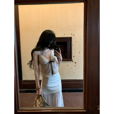 GYOKUU 【山茶花】白色雪纺蕾丝吊带上衣