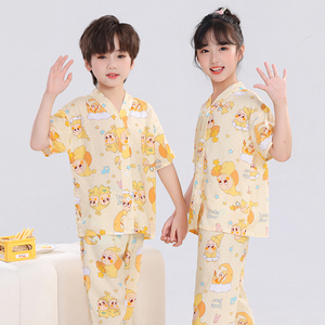 【莱赛尔棉绸】夏季薄款棉绸短袖长裤睡衣男女童家居服空调服套装