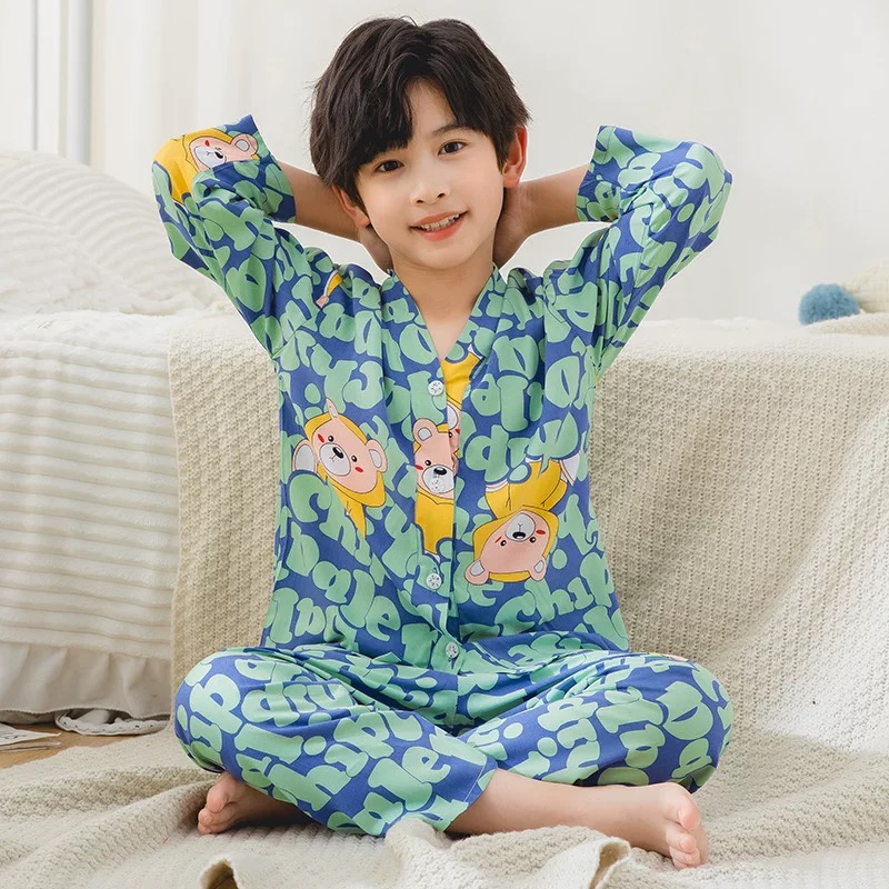 【莱赛尔棉绸】长袖长裤夏季薄款亲子棉绸睡衣男女童家居服套装