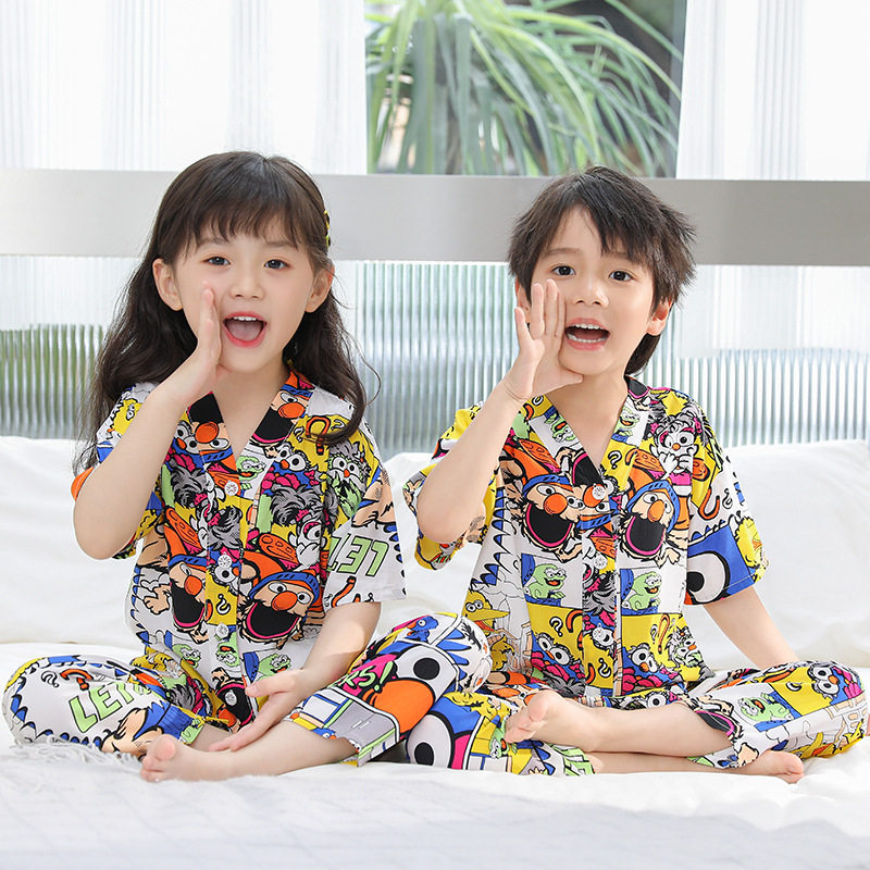 【莱赛尔棉绸】夏季薄款棉绸短袖长裤睡衣男女童家居服空调服套装