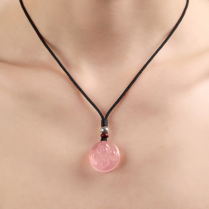 天然粉水晶弥勒佛吊坠芙蓉石粉晶项链圆形水晶佛公送女友生日礼物