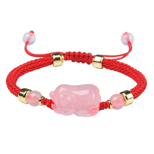 粉水晶猪牛鼠兔子手链红绳编织芙蓉石手绳粉晶生肖手串送女友闺蜜