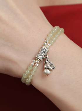 天然和田玉手串女晴水手链白玉石送女友青玉999纯银招财葫芦多圈