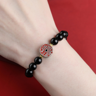 天然黑曜石手串女款真品S925纯银山鬼花钱手链男款情侣水晶饰品