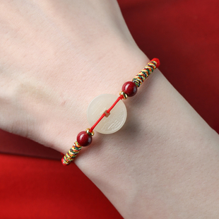 和田玉山鬼花钱红绳编织手绳平安扣铜钱币本命年玉手链男女转运珠