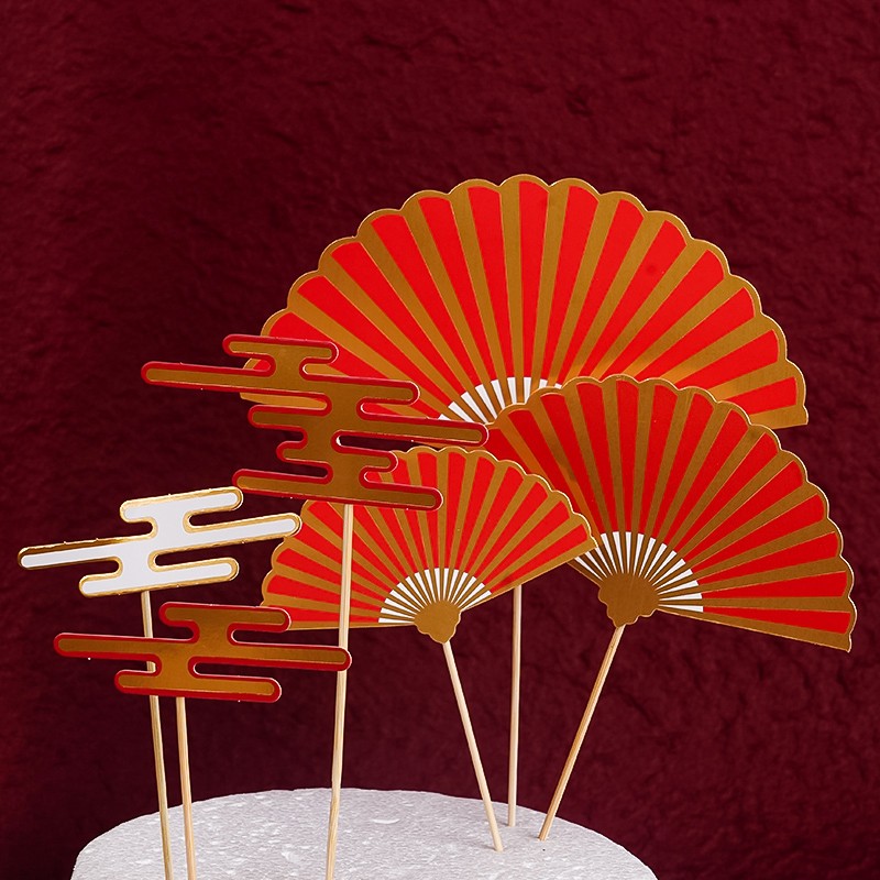 国潮风蛋糕装饰扇子祥云灯笼插牌