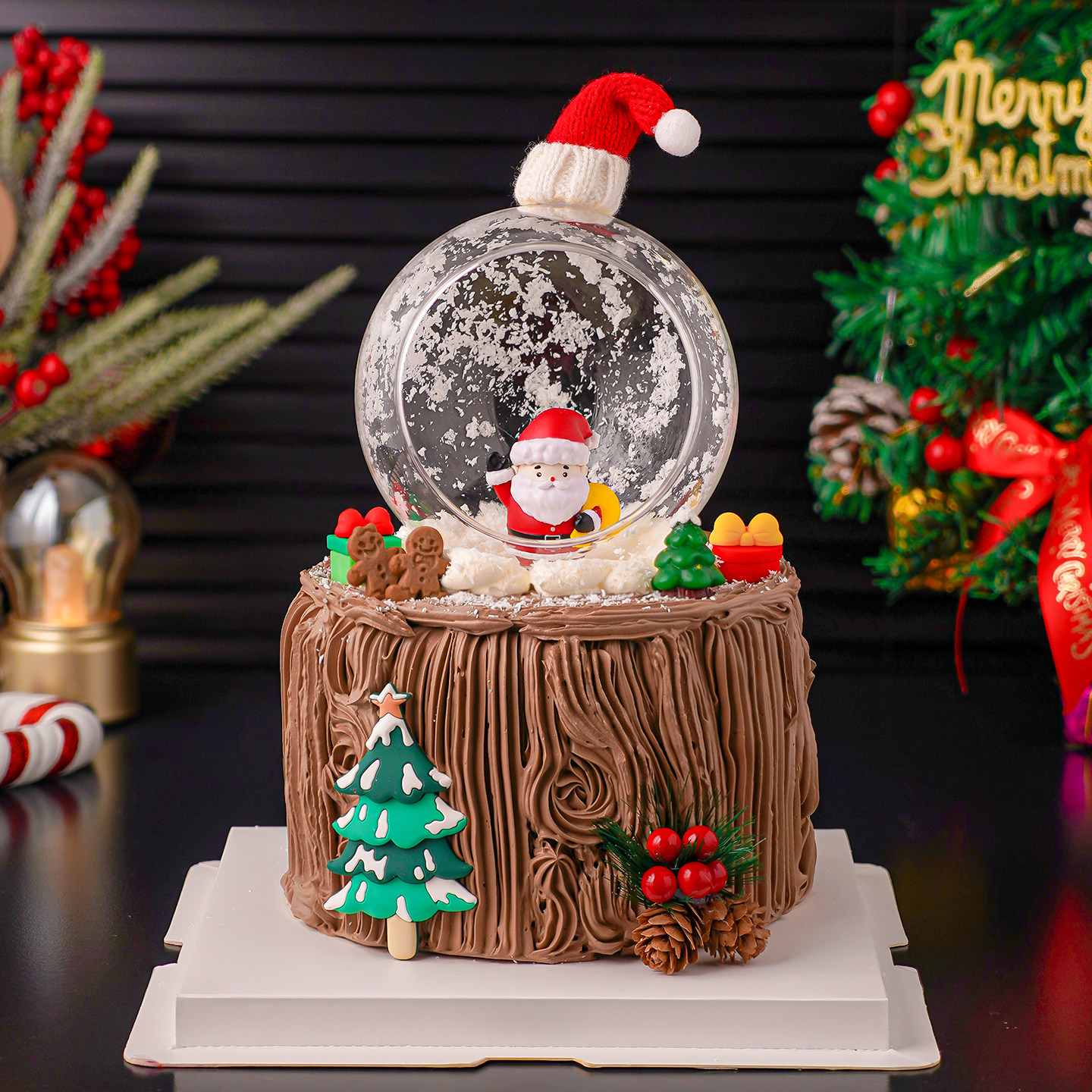 2026圣诞节玻璃球形罩蛋糕装饰老人毛线帽圣诞树节日快乐甜品装扮