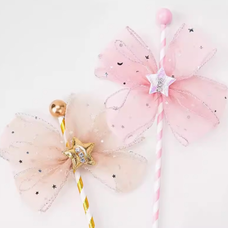 蝴蝶结仙女棒蛋糕装饰品唯美插件五角星带网纱生日插牌甜品台装扮