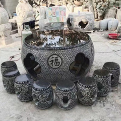 石雕石桌石凳天然青石家用庭院桌子凳子镂空圆形福字石头休闲茶桌