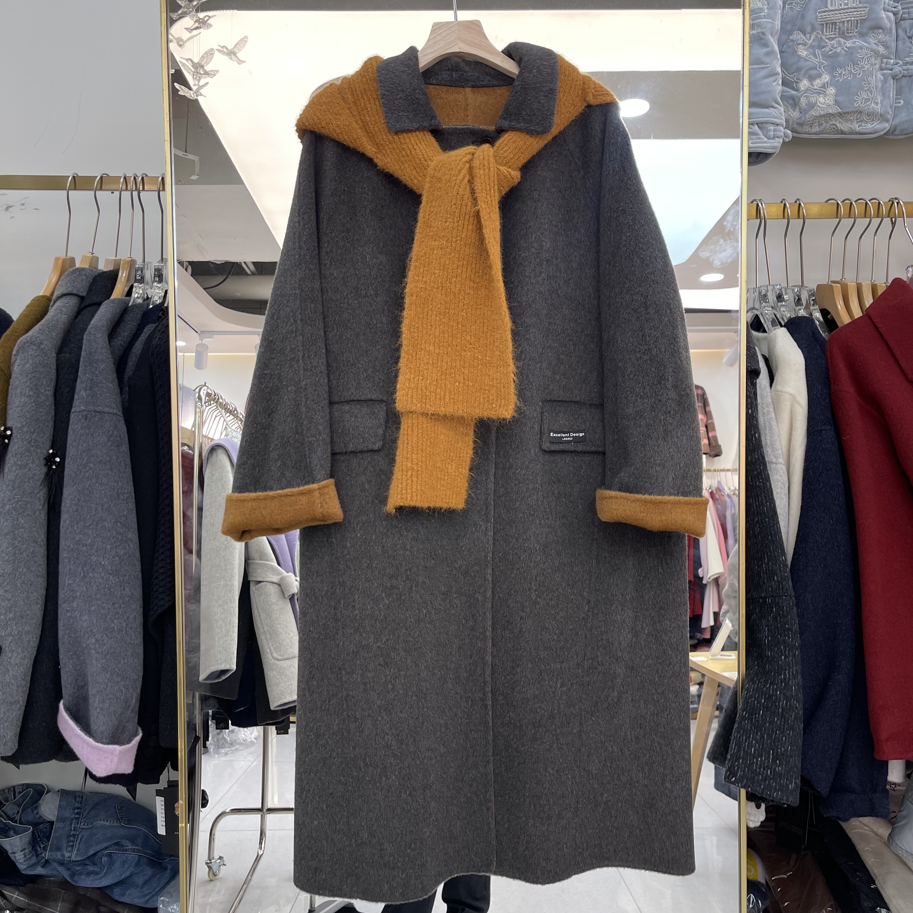 围巾连帽双面羊绒大衣2025冬季新款韩版格子女中长款羊毛呢外套