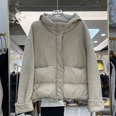 连帽羽绒拼双面羊绒大衣2025冬季新款韩版时尚女短款羊毛呢外套