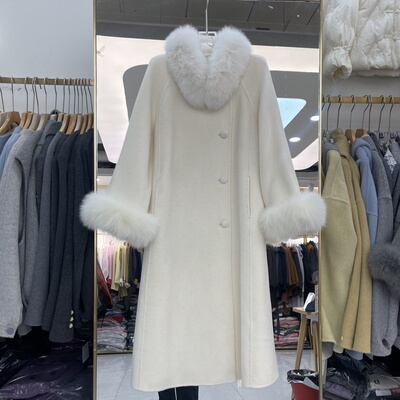 袖子狐狸毛领双面羊绒大衣2025冬季新款韩版时尚女中长羊毛外套
