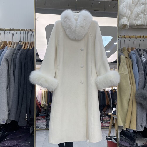 袖子狐狸毛领双面羊绒大衣2025冬季新款韩版时尚女中长羊毛外套