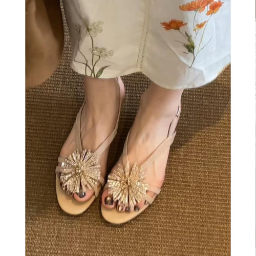 韩版水钻花朵一字带凉鞋夏季高跟