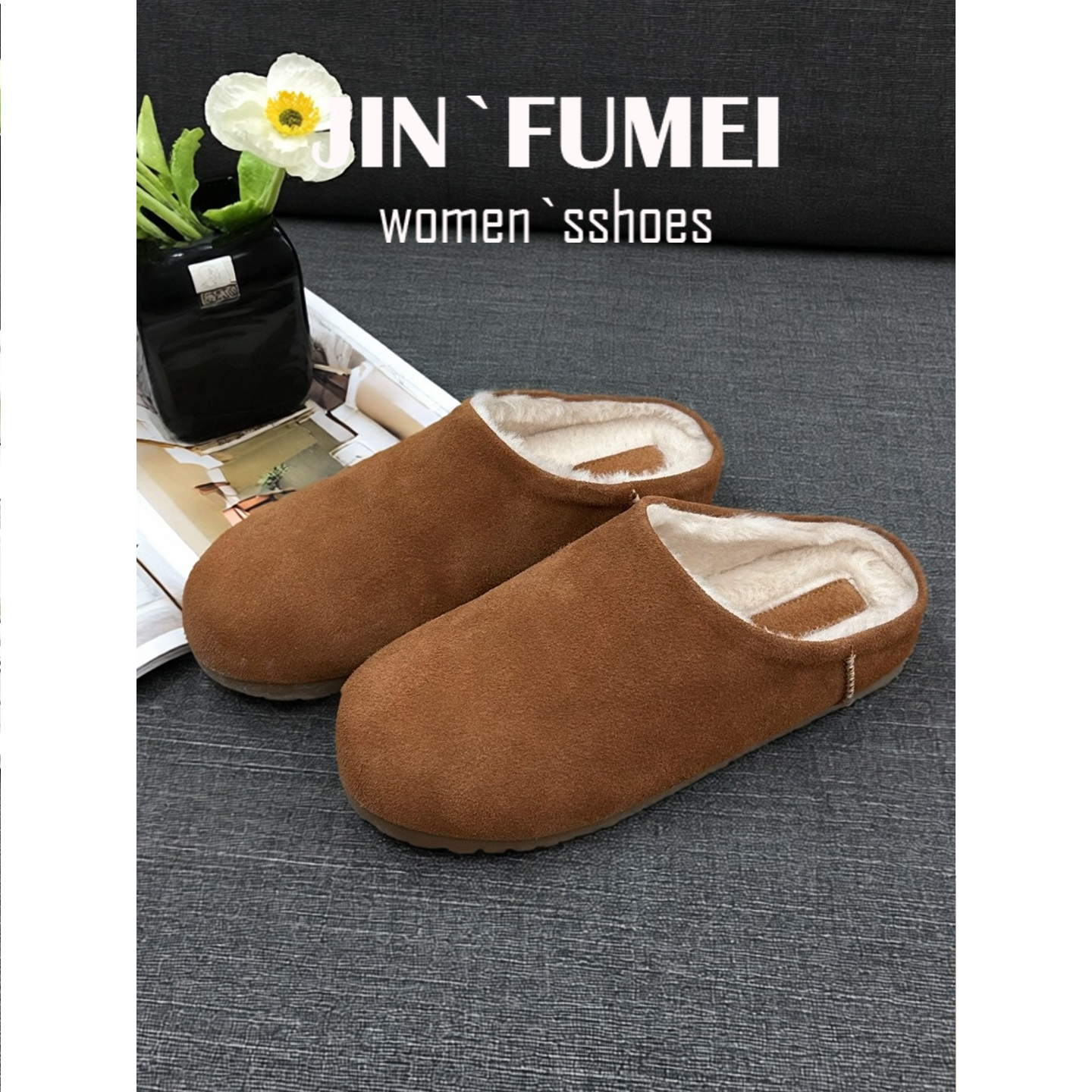 真皮博肯包头拖鞋女外穿冬季保暖