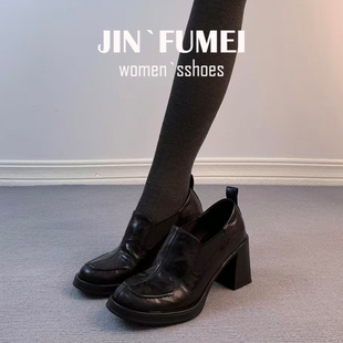 羊皮版~复古英伦高跟小皮鞋女粗跟一脚蹬乐福鞋方头学院风jk女鞋