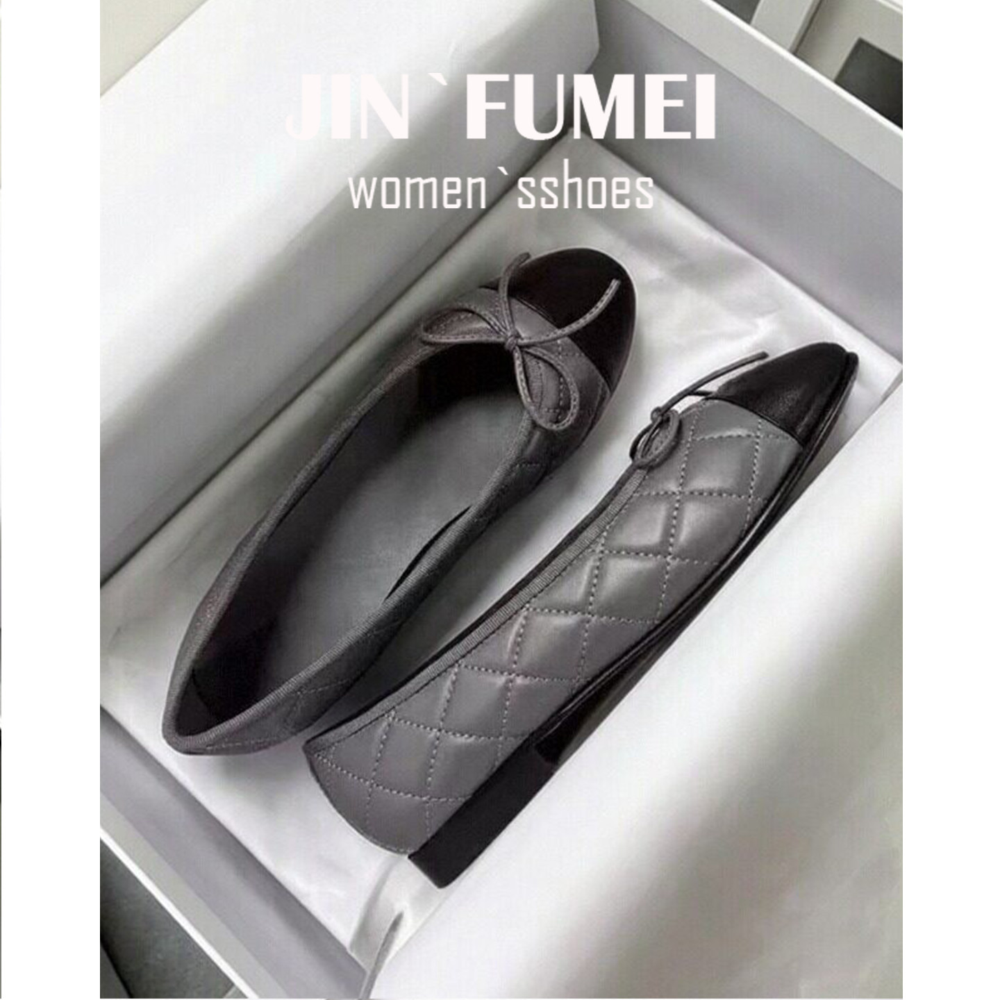 羊皮版~灰色小香风菱格单鞋女真皮蝴蝶结芭蕾舞鞋浅口拼色平底鞋