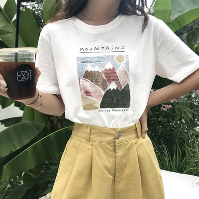 夏季2024新款女装文艺油画宽松百搭ins超火短袖T恤女休闲学生上衣