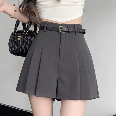 灰色雪纺西装短裤女夏天薄款百褶裙裤高腰a字显瘦宽松阔腿休闲裤