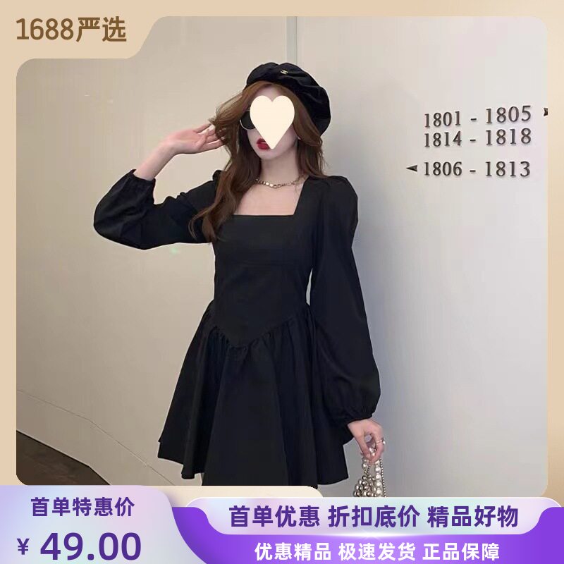 小个子方领小黑裙法式蓬蓬连衣裙