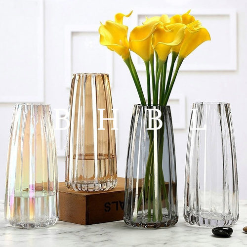 竖纹T筒玻璃花瓶透明创意水培养型 高颜值花瓶插花客厅装饰摆件