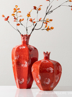 新中式红色石榴花瓶陶瓷家居客厅插花装饰品轻奢高级感乔迁摆件