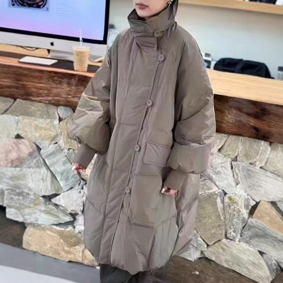 韩系慵懒风2025冬季中长50绒羽绒女高级感立领宽松大码保暖面包服