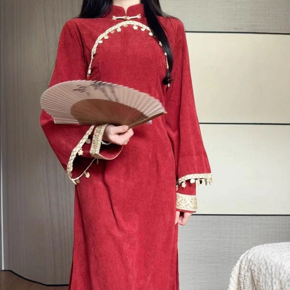 加绒加厚秋冬新款改良马甲旗袍复古民国风灯芯绒少女长裙外套套装,童装/婴儿装/亲子装,马甲,淘宝优惠券,粉丝福利购,淘宝优惠卷