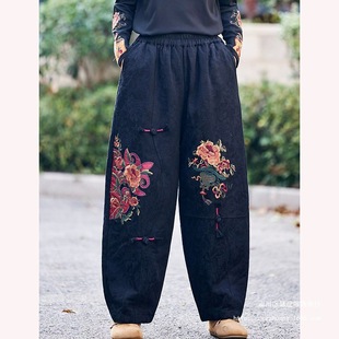 民族风刺绣加棉盘扣棉麻休闲裤 2025冬季 显瘦哈伦裤 松紧腰大码 新款