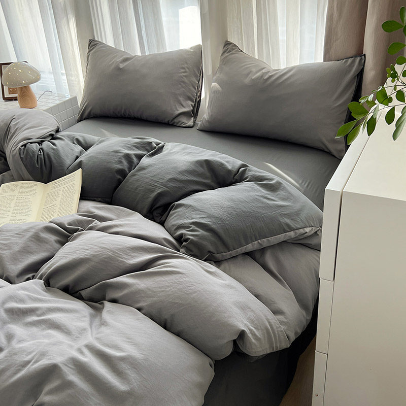 高级灰水洗棉四件简约纯色宿舍床单人三件套被套男女床上用品床笠