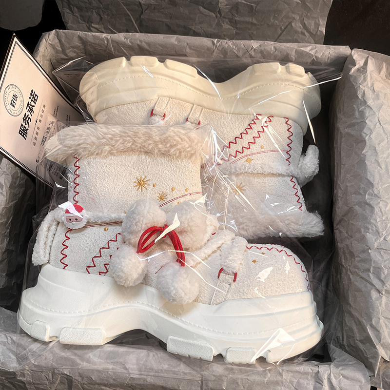 奥莱精选鞠婧祎同款丑萌大头绑带雪地靴女款2025冬季新款厚底棉鞋